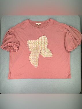 Easel Rose Pink Bubble Sleeve Top Ribbon Patch Large Oversized Crop